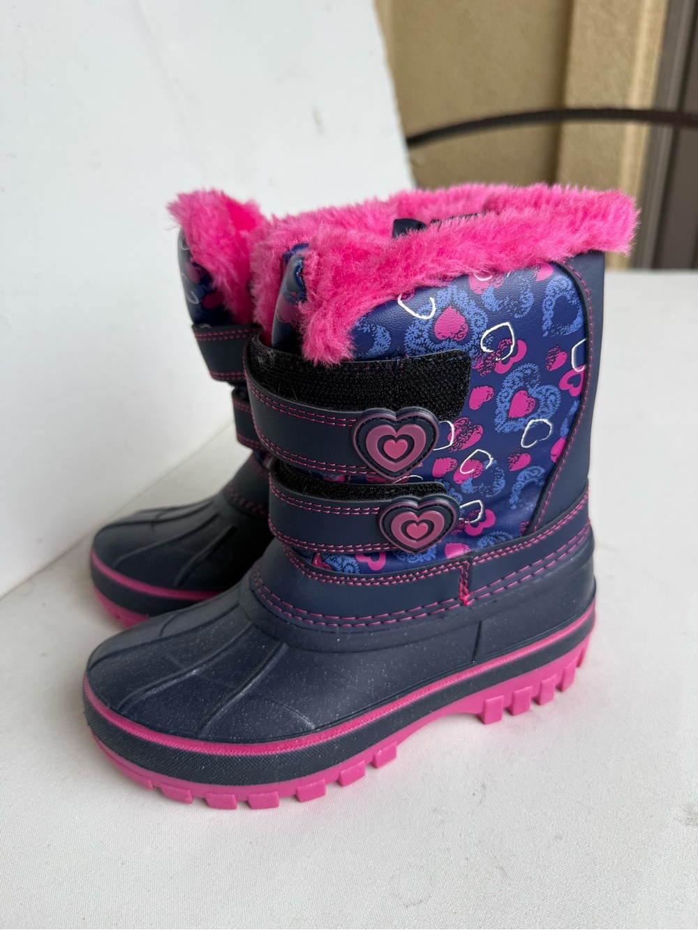 Girls' Heart Print Winter Boots with Pink Fur Trim
